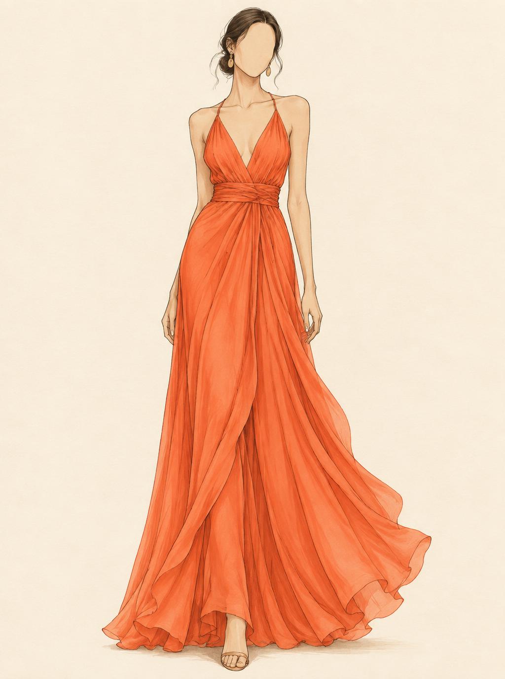 Silhouette féminine en robe longue corail, chic et fluide
