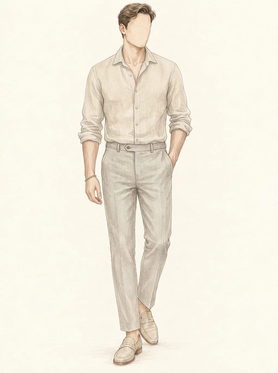 Silhouette masculine en chemise beige ouverte, pantalon lin léger, accent doré