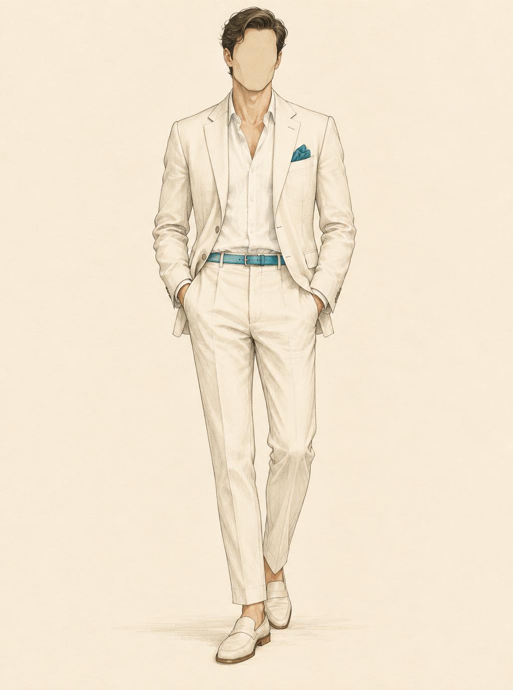 Silhouette masculine en costume lin ivoire, accents turquoise